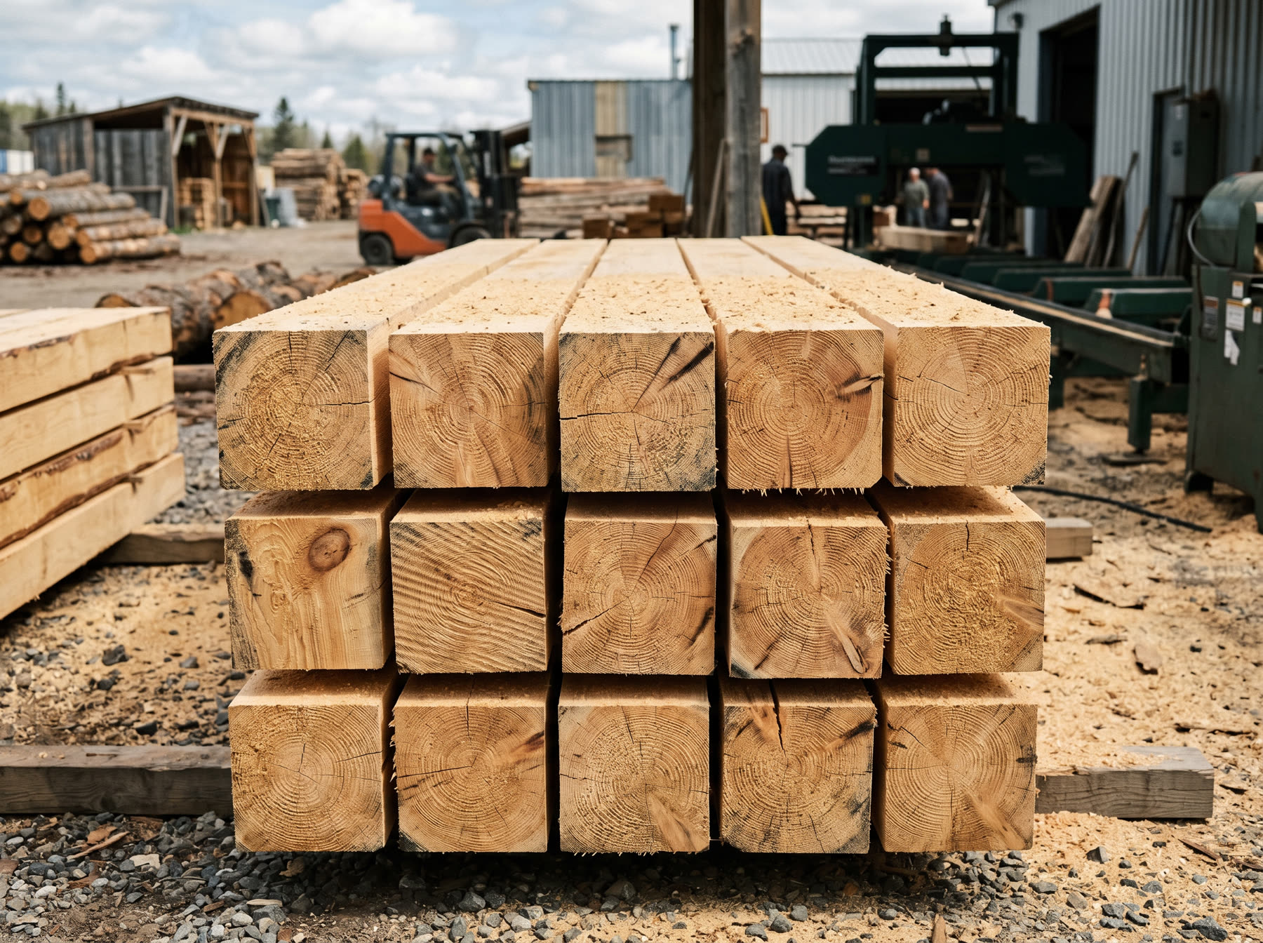 Stack of freshly milled balsam cants with visible end grain and sawdust