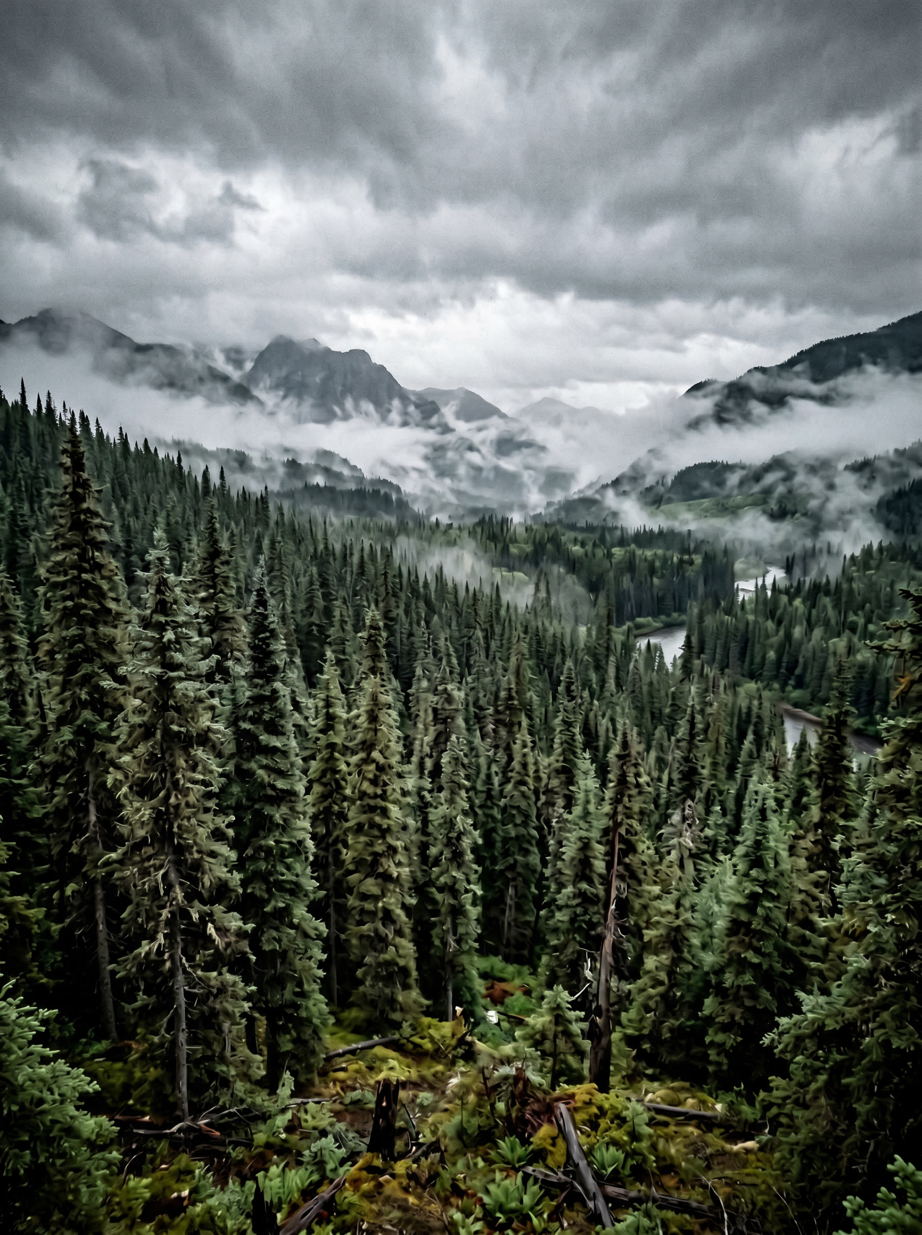 Misty old-growth forest in the Bulkley Valley near Highway 16, BC