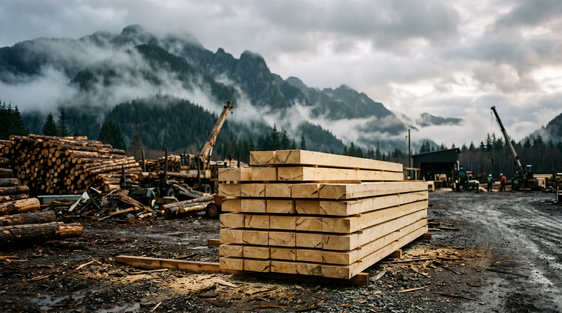 Stack of freshly milled balsam cants at the Seaton Forest Products sawmill with mountains of the Bulkley Valley in the background