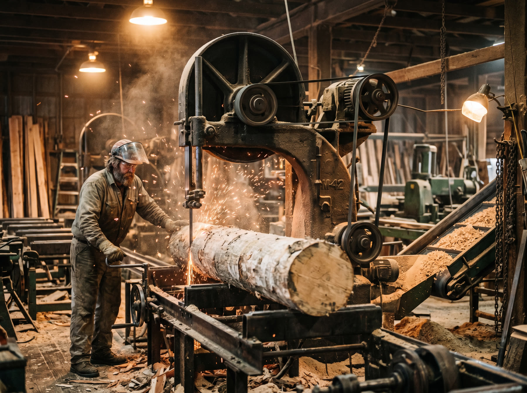 Band saw cutting a balsam log inside the Seaton sawmill, sawdust and warm interior light